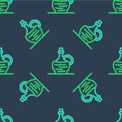 Line Wine in italian fiasco bottle icon isolated seamless pattern on blue background. Wine bottle in a rattan stand. Vector