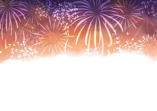 花火　夏　水彩　夕焼け　背景　横長/ Hand-Drawn Summer Fireworks Festival with Watercolor Sunset Background- Vector Image