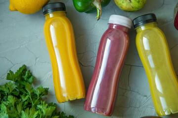 Top view of berry and vegetables smoothie, healthy juicy vitamin drink diet or vegan food concept, fresh vitamins