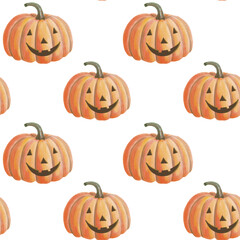 Seamless Halloween Pattern with cute Pumpkins. Hand drawn watercolor Background for banner or wrapping paper