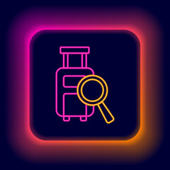 Glowing neon line Airline service of finding lost baggage icon isolated on black background. Search luggage. Colorful outline concept. Vector