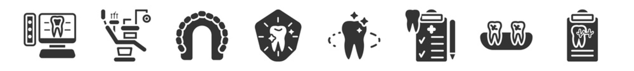 filled set of dentist icons. glyph vector icons such as radiograph, dentist chair, maxilla, dental protection, tooth whitening, health report. vector illustration. © Digital Bazaar