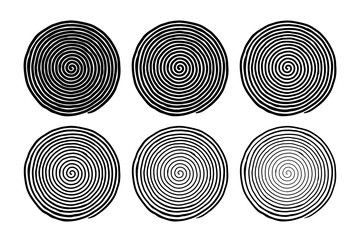 Irregular hand drawn spiral set, with six different line thicknesses. Flat vector drawings isolated on white background, EPS 8.