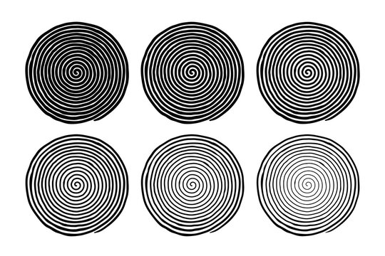 Irregular hand drawn spiral set, with six different line thicknesses. Flat vector drawings isolated on white background, EPS 8.