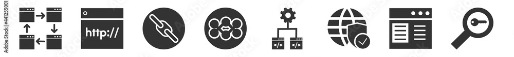 Poster filled set of programming icons. glyph vector icons such as cross-platform, http, broken link, seo c