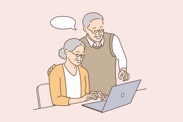 Fototapeta na wymiar Senior people and technologies concept. Positive mature elderly couple using laptop together learning computer communicating online together vector illustration 