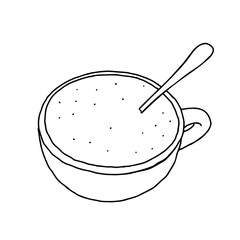 Black Hand drawing outline vector illustration of cup cappuccino with spoon isolated on a white background