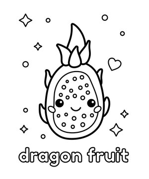 Coloring page with cute cartoon dragon fruit. Kawaii food. English vocabulary for children. Black white outline illustration.