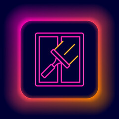 Glowing neon line Cleaning service with of rubber cleaner for windows icon isolated on black background. Squeegee, scraper, wiper. Colorful outline concept. Vector
