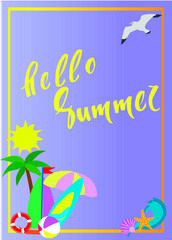 Summer poster with marine symbols sun, palm, boat, beach umbrella, ball, sea star, shell, sea waves. Sea life. Vacation by the sea.Vector illustration, flat, background, poster, print, banner, flyer, 