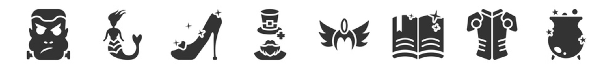 Fototapeta premium filled set of fairy tale icons. glyph vector icons such as frankenstein, mermaid, cinderella shoe, leprechaun, valkyrie, cauldron. vector illustration.