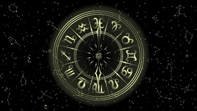 Animated Round Frame with Zodiac Sign. Black and Golden Horoscope Symbol and Arrow. Panoramic Sky Map of Hemisphere. Constellations on Starry Night Background. Loop Seamless Stock Footage. 3D Graphic