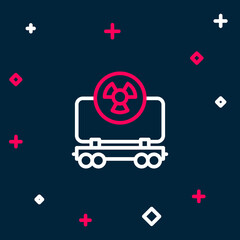 Line Radioactive cargo train wagon icon isolated on blue background. Freight car. Railroad transportation. Colorful outline concept. Vector