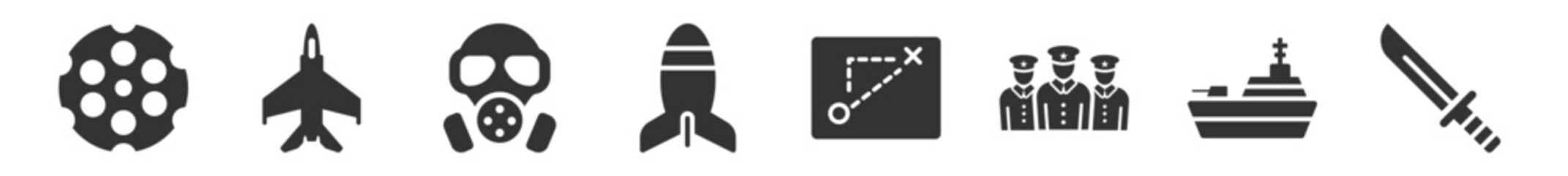 filled set of army icons. glyph vector icons such as chamber, air force, gas mask, airplane bomb, military strategy, combat knife. vector illustration. © Digital Bazaar