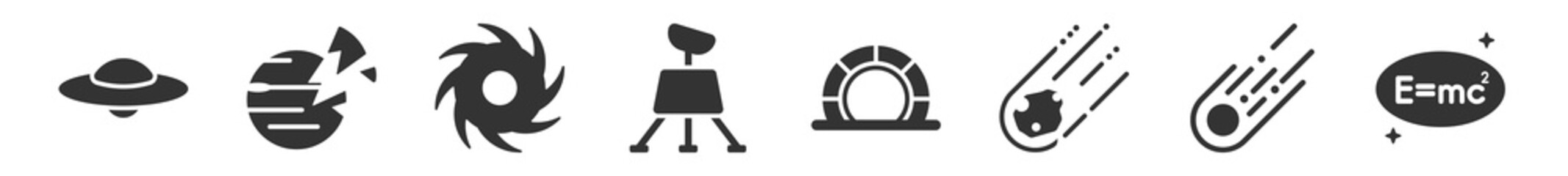 filled set of astronomy icons. glyph vector icons such as ufo flying, destroyed planet, black hole, dioptra, stargate, relativity. vector illustration. © Digital Bazaar