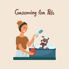 Grooming for pets, girl shears a dog, vector illustration in flat style, cartoon.