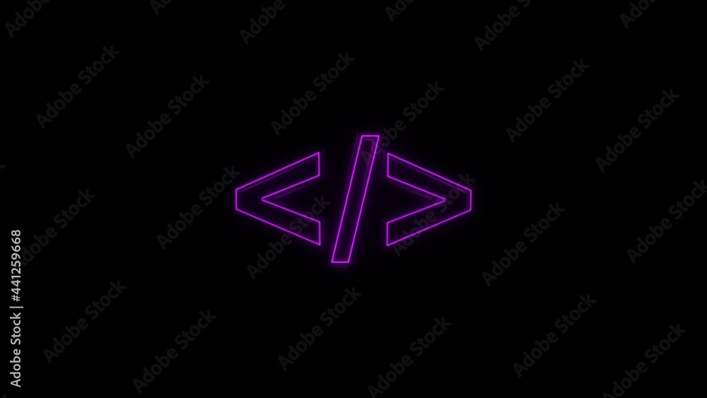 Poster abstract glowing purple neon symbol of code tag with glowing outlines on black background.