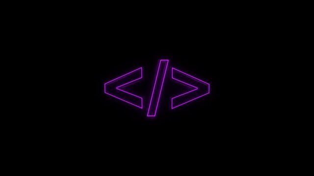 Abstract glowing purple neon symbol of code tag with glowing outlines on black background.