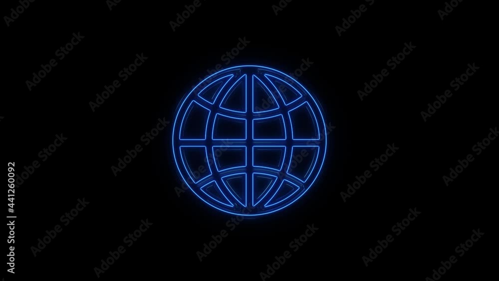 Poster animated icon of neon globe. flat blue symbol of planet. concept of net, web, internet, ecology.