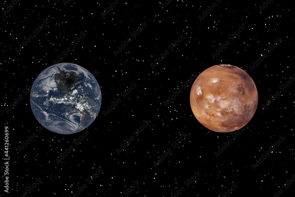 Wall mural mars and earth. distance between them. space for text. the elements of this image furnished by nasa.