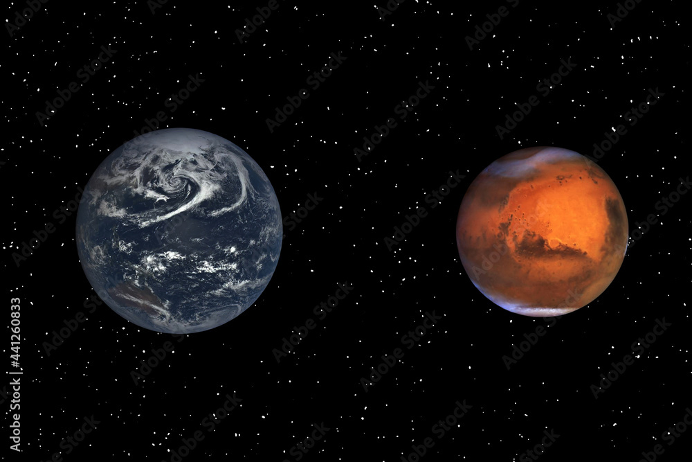 Poster mars and earth. distance between them. space for text. the elements of this image furnished by nasa.