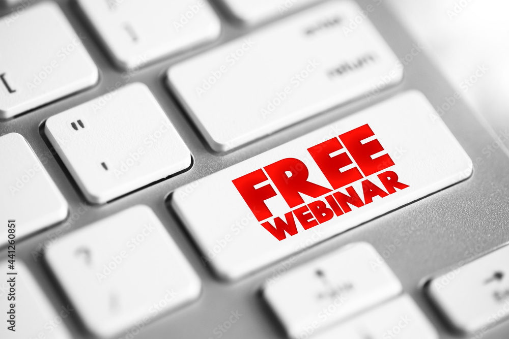 Poster free webinar text button on keyboard, concept background