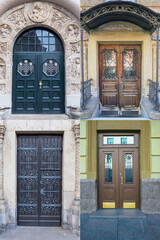 four wooden doors with a beautiful decorative metal finish in the historical part of different cities of the world