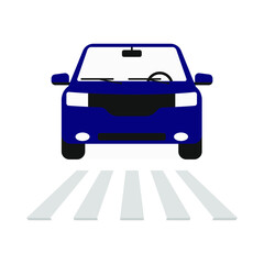 Blue car in front of a pedestrian crossing on a white background