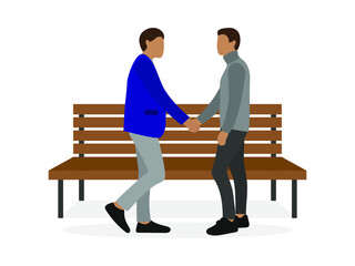 Two male characters shaking hands near a bench on a white background