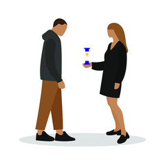 Male character looking at an hourglass in the hand of a female character on a white background