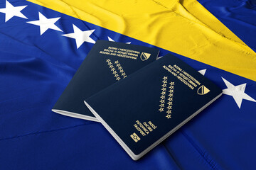 Bosnia and Herzegovina passport on the Bosnian and Herzegovina flag, top shot