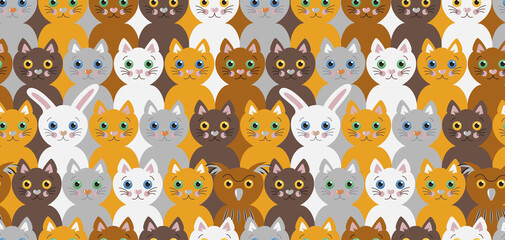 Cute vector seamless pattern with colorful kittens, white rabbit and scowling owl. Adorable repeating children's ornament with funny pets.