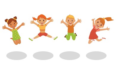 Concept of happy jumping children isolated on white background. Cartoon vector illustration.