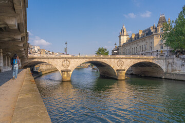 Naklejka premium Paris, France - 05 02 2021: Panoramic view of Saint-Michel bridge from quai de Seine