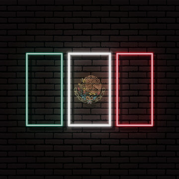 Neon sign in the form of the flag of Mexico. Against the background of a brick wall with a shadow. For the design of tourist or patriotic themes. North America
