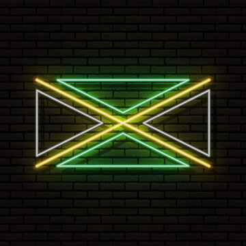 Neon sign in the form of the flag of Jamaica. Against the background of a brick wall with a shadow. For the design of tourist or patriotic themes. North America