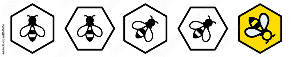 Poster simple honey bee icon inside hexagon, multiple version