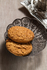 oatmeal cookies in a beautiful metal plate