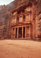 Front of Al-Khazneh (Treasury temple carved in stone wall - main attraction) in Lost city of Petra