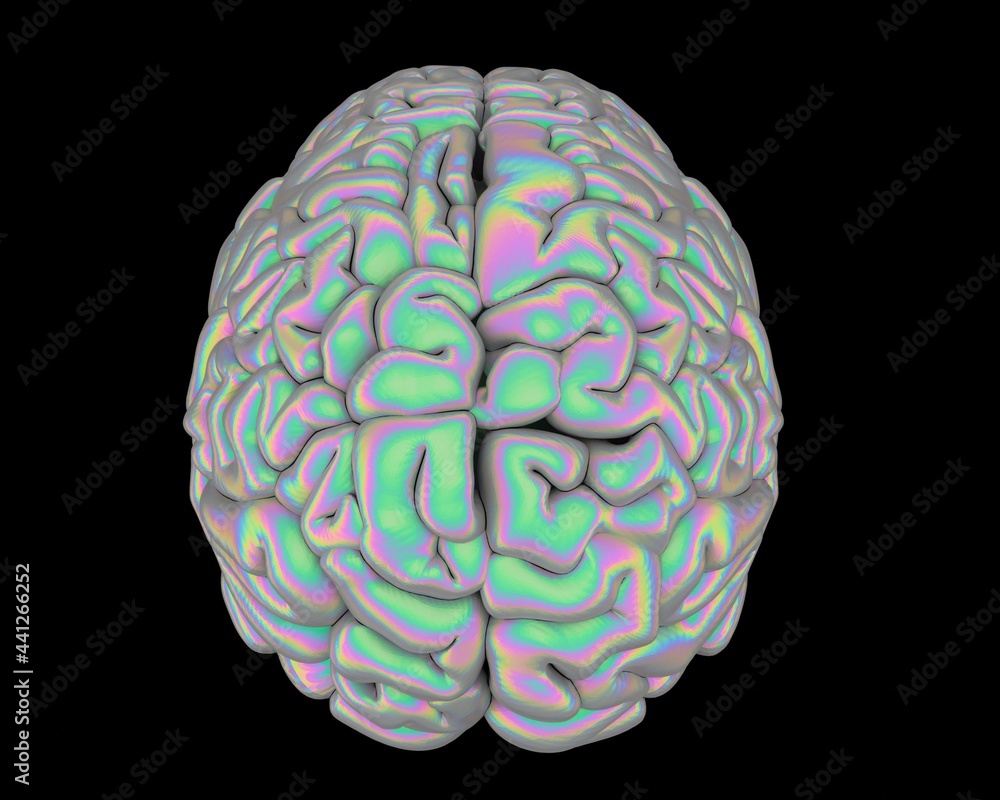 Poster 3d illustration of a brain model made of shimmering holographic material.