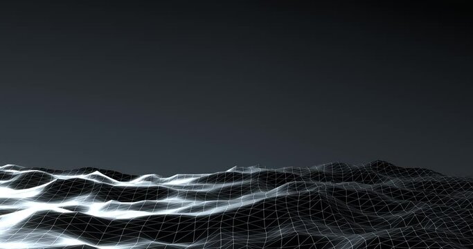Abstract dark mesh sea with sunny path. White 3d render of lens flare black geometric waves with gradient gray sky. Futuristic surface with digital grid of alien ocean