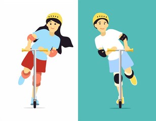 Guy and girl ride an electric scooter and enjoy life. Brother and sister spend time in sports. Warm picture of family happiness. Illustration of healthy lifestyle outside home. Boy and girls in gear.