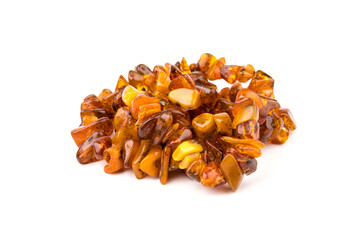 Baltic necklace made of Natural polished transparent honey luxury amber beads with inclusions on white. close up selective soft focus. Space for text