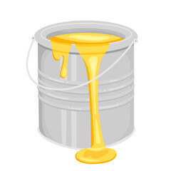 tin can with yellow paint and liquid drops. iron bucket with paint for repair