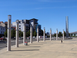Cardiff Bay, Wales, UK. Waterfront with bars, attractions, restaurants and entertainment around a beautiful lake.