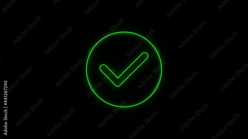 Poster glowing neon line check mark in circle icon isolated on black background. choice button sign. checkm