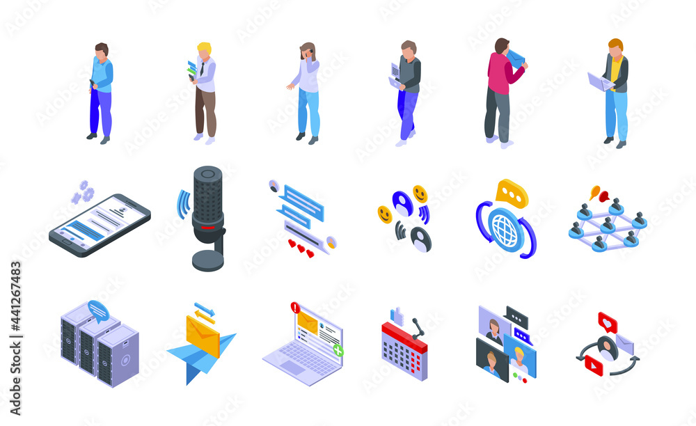 Poster messaging network icons set. isometric set of messaging network vector icons for web design isolated