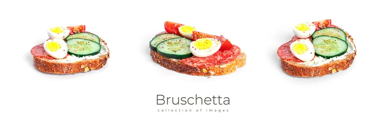Papier Peint photo autocollant Légumes frais Bruschetta with cream cheese, sausage and vegetables isolated on a white background. Rye bread toast. Sausage sandwich. Sandwich with vegetables and cheese.