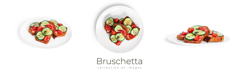 Photo sur Plexiglas Légumes frais Bruschetta with cream cheese, sausage and vegetables isolated on a white background. Rye bread toast. Sausage sandwich. Sandwich with vegetables and cheese.