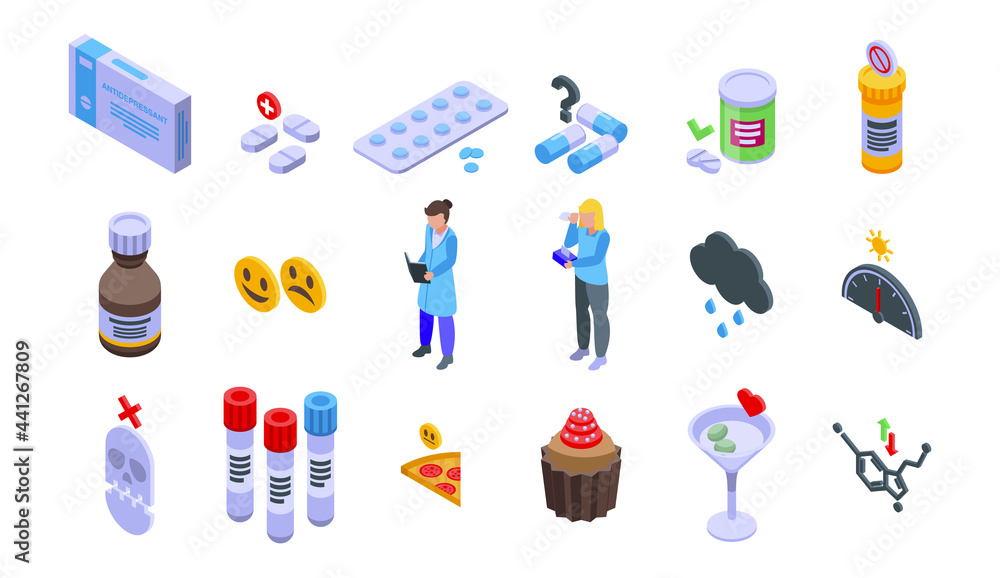 Poster antidepressant icons set. isometric set of antidepressant vector icons for web design isolated on wh